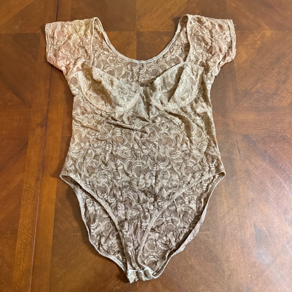 vtg Victoria's Secret Gold nude Label Lace Bodysuit Sheer Top M USA read